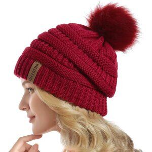 Women Red Soft Acrylic Thick Slouchy Baggy Knit Winter Faux Fur Pompom Beanie
